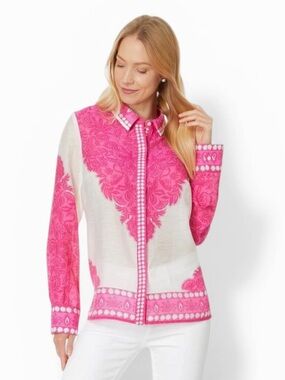 Lilly Pulitzer Kiran Button-Down Top Passion Fruit Pink Linen Blend Small NWT